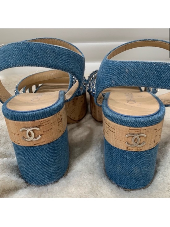 CHANEL Shoes - CHANEL CC Logo Denim Platform Sandals - Cork Heel